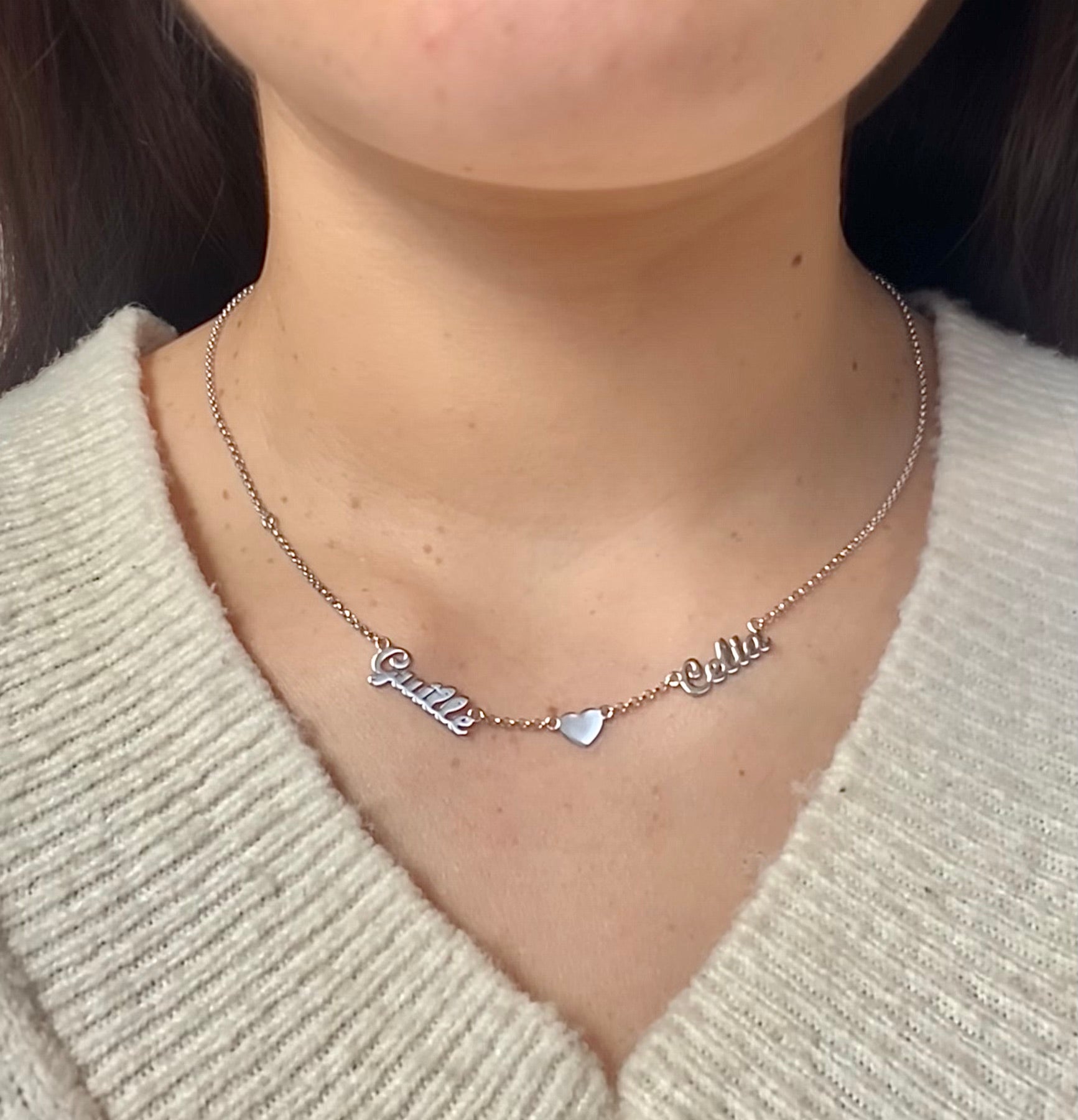 Collar con 2 Nombres y Corazón San Valentín Plata